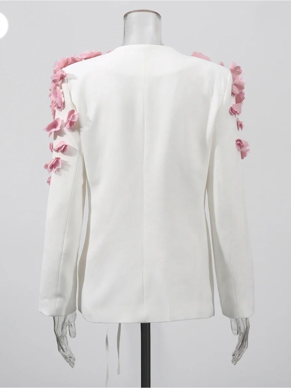 White Women’s Jacket with Pink Floral Appliqué - Elegant Wrap Style - Picture 6 of 6